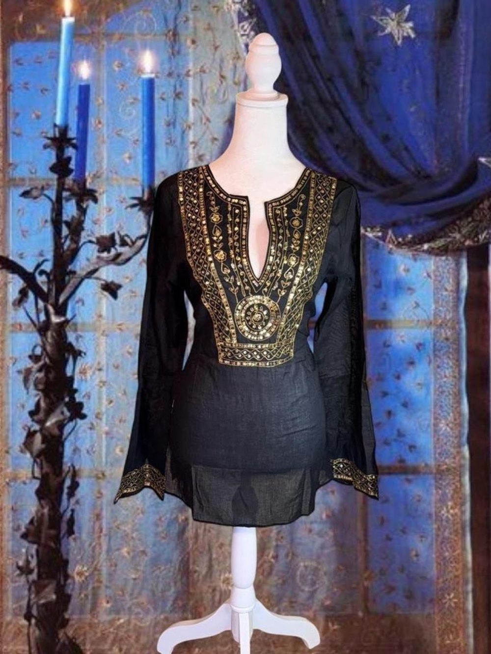 Vintage Y2K Deadstock Fairycore Boho Sequin Black Flowy Top BNWT